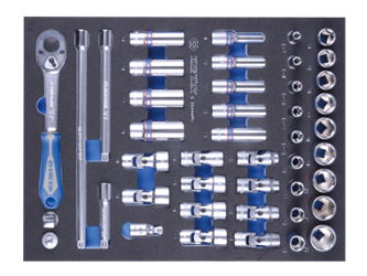 ZESTAW NASADEK 3/8'' 44cz. KRÓTKIE 6-kąt.10-22mm,DŁUGIE 12-kąt. 8-19mm, Z AKCESORIAMI, CHROM, WKŁAD Z PIANKI, DO WÓZKA