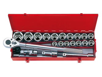 ZESTAW NASADEK 3/4'' 23cz. KRÓTKIE 6-kąt. 21-50mm Z AKCESORIAMI, CHROM, KASETA