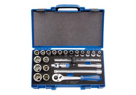 ZESTAW NASADEK 1/2"  23cz.  KRÓTKIE  6-kąt.  8 - 32mm  Z  AKCESORIAMI, CHROM, KASETA Z TWORZYWA