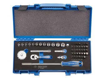 ZESTAW NASADEK 1/4" 53cz. KRÓTKIE, 6-kąt. 4 - 14mm, HEX, TORX, PH, PZ, PŁASKIE, Z AKCESORIAMI, CHROM, KASETA Z TWORZYWA