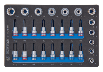 ZESTAW NASADEK 3/8" + 1/2", HEX H3 - H12, TORX T15 + T50, GWIAZDKI E8 - E20, WKŁAD Z PIANKI, DO WÓZKA