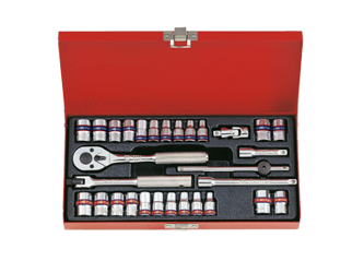 ZESTAW NASADEK 1/4'' 30cz. KRÓTKIE, 6/8-kąt. 4 - 12mm, CALOWE 5/32 - 1/2'' Z AKCESORIAMI, CHROM, KASETA