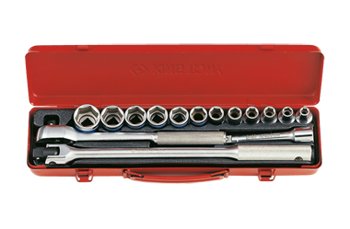 ZESTAW NASADEK  1/2''   15cz.  KRÓTKIE  6-kąt.   8 - 27mm,  Z  AKCESORIAMI, CHROM, KASETA