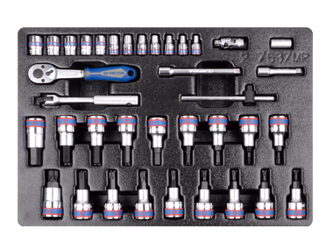 KPL. NASADEK 1/4" + 1/2" 37cz. KRÓTKIE 6-kąt. 4 - 13mm, TORX T20 - T60, HEX H3 - H14, Z AKCESORIAMI, CHROM, WKŁAD DO WÓZKA