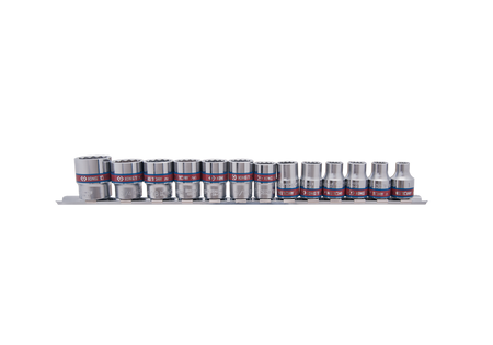 ZESTAW NASADEK  3/8''  13cz.  KRÓTKIE  12-kąt. CALOWE  1/4'' - 13/16''  CHROM,  SZYNA, BLISTER