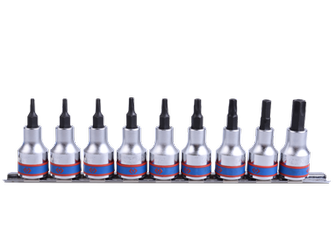 ZESTAW NASADEK  TORX Z OTWOREM 3/8''  9cz. T10 - T50,  CHROM,  SZYNA, BLISTER