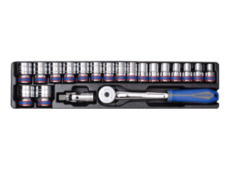 ZESTAW NASADEK 1/2'' KRÓTKIE 6-kąt. 10 -32mm Z AKCESORIAMI, CHROM, WKŁAD DO SKRZYNKI 87402, 20 CZ.