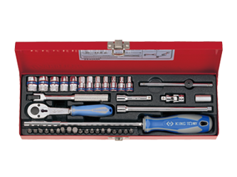 ZESTAW NASADEK 1/4''  39cz. KRÓTKIE,  6-kąt.  4 - 13mm + BITY,  Z  AKCESORIAMI, CHROM, KASETA