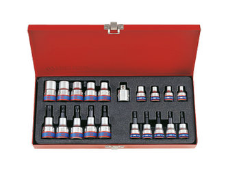 ZESTAW NASADEK Z KOŃCÓWKĄ HEX/TORX  3/8''+1/2'' 20cz.KRÓTKIE E6- E20, T10-T55, CHROM,KASETA