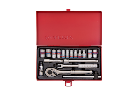 ZESTAW NASADEK 1/4''  18cz. KRÓTKIE,  12/8-kąt.  5/32" - 1/2"  Z  AKCESORIAMI, CHROM, KASETA