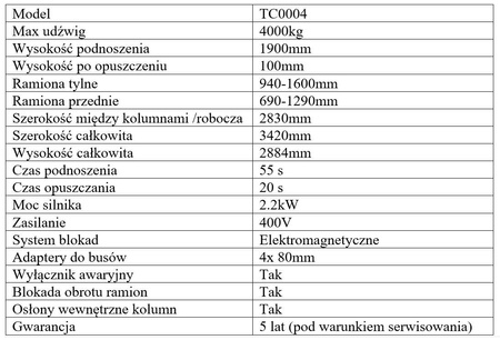 Podnośnik dwukolumnowy automatyczny z systemem APS 4000kg TC0004