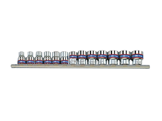 ZESTAW NASADEK 3/8''  13cz.  KRÓTKIE  6-kąt.  7 - 19mm,  CHROM,  SZYNA, BLISTER