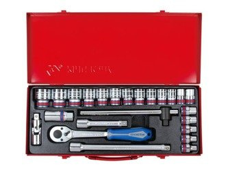 ZESTAW NASADEK  1/2''   24cz.  KRÓTKIE  6-kąt.  CALOWE  3/8'' - 1.1/4''  Z  AKCESORIAMI, CHROM, KASETA