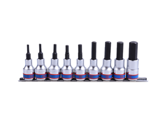 ZESTAW NASADEK Z KOŃCÓWKĄ HEX 1/2'' 9 cz. DŁUGIE 4 - 17mm CHROM, ZESTAW NA SZYNIE