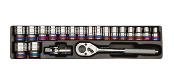 ZESTAW NASADEK 1/2'' KRÓTKIE 6-kąt. 10 - 32 mm Z AKCESORIAMI, CHROM, WKŁAD DO SKRZYNKI 87402, 20 CZ.