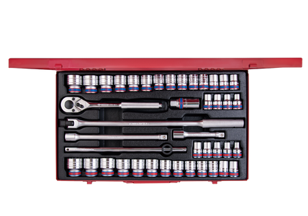 ZESTAW NASADEK  1/2''   42cz.  KRÓTKIE  12-kąt.  10 - 32mm,  CALOWE  5/16'' - 1.1/4''  Z  AKCESORIAMI, CHROM, KASETA