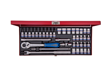 ZESTAW NASADEK 3/8''  39cz. KRÓTKIE  6-kąt.  6 - 19mm, E4 - E18, T8 - T45  Z  AKCESORIAMI, CHROM, KASETA