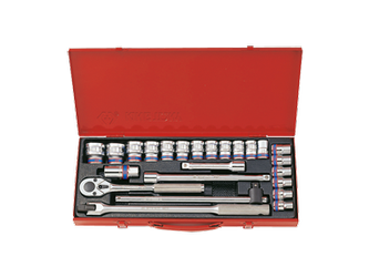ZESTAW NASADEK 1/2'' 24cz. KRÓTKIE 12-kąt. 10 - 32mm Z AKCESORIAMI, CHROM, KASETA