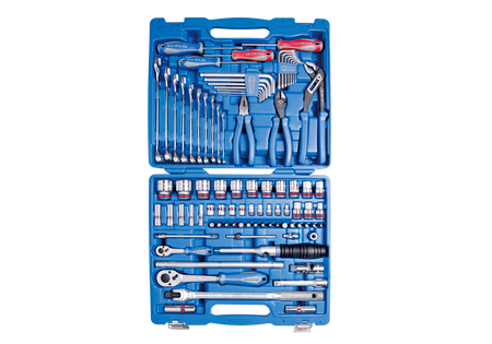 ZESTAW NASADEK 1/4"+1/2" 87cz.5/32" -1-1/4" 6-kąt. Z AKCESORIAMI, CHROM+NARZĘDZIA UNIWERSALNE W WALIZCE PLAST.