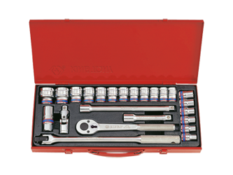 ZESTAW NASADEK 1/2'' 24cz. KRÓTKIE 6-kąt. 10 - 32mm Z AKCESORIAMI, CHROM, KASETA