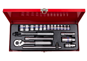 ZESTAW NASADEK 3/8''  20cz.  KRÓTKIE  12-kąt.  6 - 22mm  Z  AKCESORIAMI, CHROM, KASETA