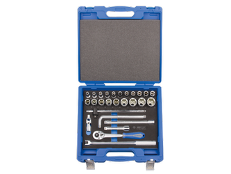 ZESTAW NASADEK 1/2" 27cz. KRÓTKIE 6-kąt. 8 - 32mm Z AKCESORIAMI, CHROM, KASETA Z TWORZYWA