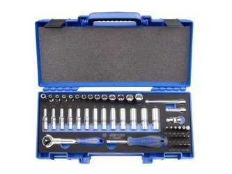 ZESTAW NASADEK 1/4" 48cz. DŁUGIE + KRÓTKIE, 6-kąt. 4 - 14mm, HEX 3 - 10 Z AKCESORIAMI, CHROM, KASETA Z TWORZYWA