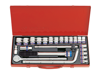 ZESTAW NASADEK 1/2'' 24cz. KRÓTKIE 12-kąt. 10 - 32mm Z AKCESORIAMI, CHROM, KASETA