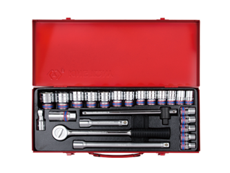 ZESTAW NASADEK  1/2''   24cz.  KRÓTKIE  6-kąt.  10 - 32mm  Z  AKCESORIAMI, CHROM, KASETA