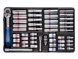 ZESTAW NASADEK 1/4'' 48cz. KRÓTKIE / DŁUGIE,  6-kąt.  4 - 13mm,  CALOWE  5/32 - 1/2''  Z  AKCESORIAMI, CHROM, WKŁAD DO WÓZKA