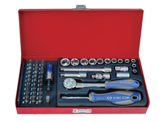 ZESTAW NASADEK 1/4'' 51cz. KRÓTKIE, 6-kąt. 4 - 14mm, BITY 1/4" Z AKCESORIAMI, CHROM, KASETA