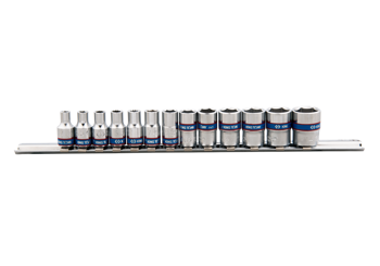 ZESTAW NASADEK 1/4" 13cz. KRÓTKIE, 6-kąt. 4 - 14mm, CHROM, SZYNA, BLISTER