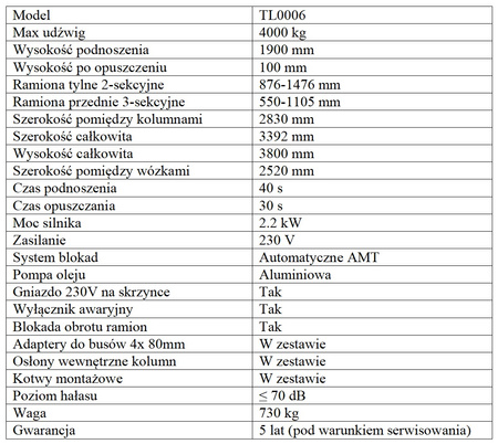 Podnośnik dwukolumnowy automat AMT z łączeniem górnym 4T TL0006-230V