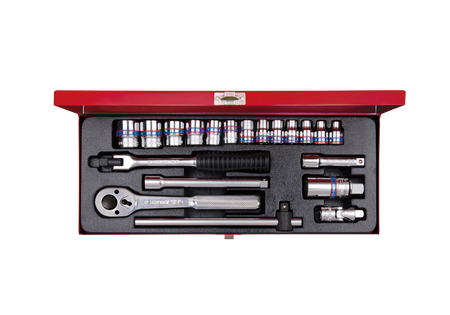 ZESTAW NASADEK 3/8'' 20cz.  KRÓTKIE  12-kąt.  6 - 22mm  Z  AKCESORIAMI, CHROM, KASETA