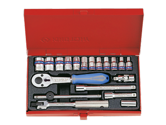 ZESTAW NASADEK 1/4'' 19cz. KRÓTKIE, 12-kąt. 4 - 13mm Z AKCESORIAMI, CHROM, KASETA