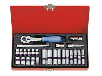 ZESTAW NASADEK 1/4'' 26cz. KRÓTKIE / DŁUGIE, 6-kąt. 4 - 13mm Z AKCESORIAMI, CHROM, KASETA