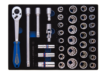 ZESTAW NASADEK 1/2" 37cz. KRÓTKIE 12-kąt. 8 - 32mm Z AKCESORIAMI, CHROM, WKŁAD Z PIANKI, DO WÓZKA
