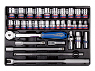 ZESTAW NASADEK 1/2'' KRÓTKIE 6-kąt. 8 - 32mm Z AKCESORIAMI, CHROM, WKŁAD DO WÓZKA, 33 CZ.