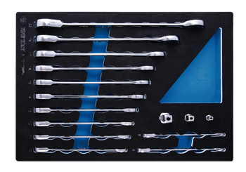 ZESTAW KLUCZY PŁASKO-OCZKOWYCH  Z GRZECHOTKĄ  JEDNOKIERUNKOWĄ 15cz. 8 - 22mm,  Z AKCESORIAMI, WKŁAD Z PIANKI DO WÓZKA