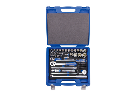 ZESTAW NASADEK 1/4"+1/2" 60cz. KRÓTKIE 6-kąt.4-32mm Z AKCESORIAMI, CHROM, KASETA Z TWORZYWA
