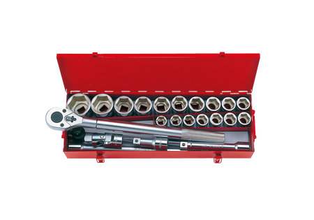 ZESTAW NASADEK 3/4'' 23cz. KRÓTKIE 6-kąt. 21-50mm Z AKCESORIAMI, CHROM, KASETA