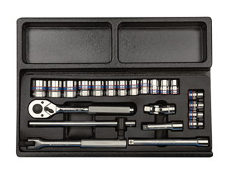 ZESTAW NASADEK 3/8''  23cz.  KRÓTKIE  6-kąt.  6 - 22mm  Z  AKCESORIAMI, CHROM, WKŁAD DO WÓZKA