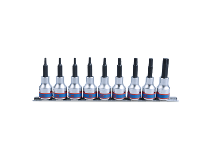 ZESTAW NASADEK  Z  KOŃCÓWKĄ  TORX  1/2''   9 cz. DŁUGIE  T20 - T60  CHROM, ZESTAW NA SZYNIE