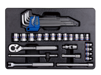 KPL. NASADEK 3/8"  31cz.  KRÓTKIE  6-kąt.  6 - 22mm  Z  AKCESORIAMI + ZESTAW IMBUSÓW 1.5 - 10mm, CHROM, WKŁAD DO WÓZKA