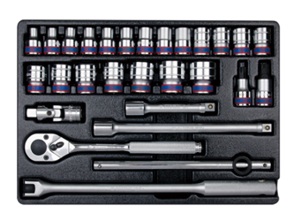 ZESTAW NASADEK 1/2'' KRÓTKIE 6-kąt. 8 - 32mm Z AKCESORIAMI, CHROM, WKŁAD DO WÓZKA, 28 CZ.