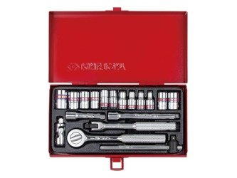 ZESTAW NASADEK 1/4'' 18cz. KRÓTKIE, 6/8-kąt. CALOWE 5/32 - 1/2'' Z AKCESORIAMI, CHROM, KASETA