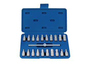 ZESTAW NASADEK 3/8" DO KORKÓW OLEJU, HEX 8 - 17mm, KWADRAT 7 - 14mm, 5/16", 3/8", T45, TRÓJKĄT 10mm, M16, 21CZ.