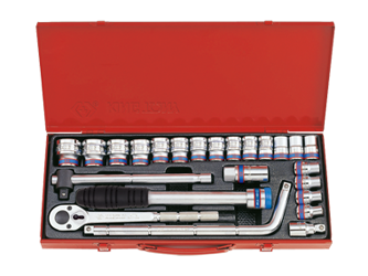 ZESTAW NASADEK 1/2'' 24cz. KRÓTKIE 12-kąt. 10 - 32mm Z AKCESORIAMI, CHROM, KASETA