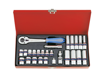 ZESTAW NASADEK 3/8'' 27cz. KRÓTKIE 12-kąt. 7 - 19mm / DŁUGIE 6-kąt. 8 - 19mm Z AKCESORIAMI, CHROM, KASETA
