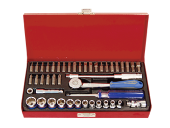 ZESTAW NASADEK 1/4'' 45cz. KRÓTKIE, 6-kąt. 4 - 14mm + BITY, Z AKCESORIAMI, CHROM, KASETA